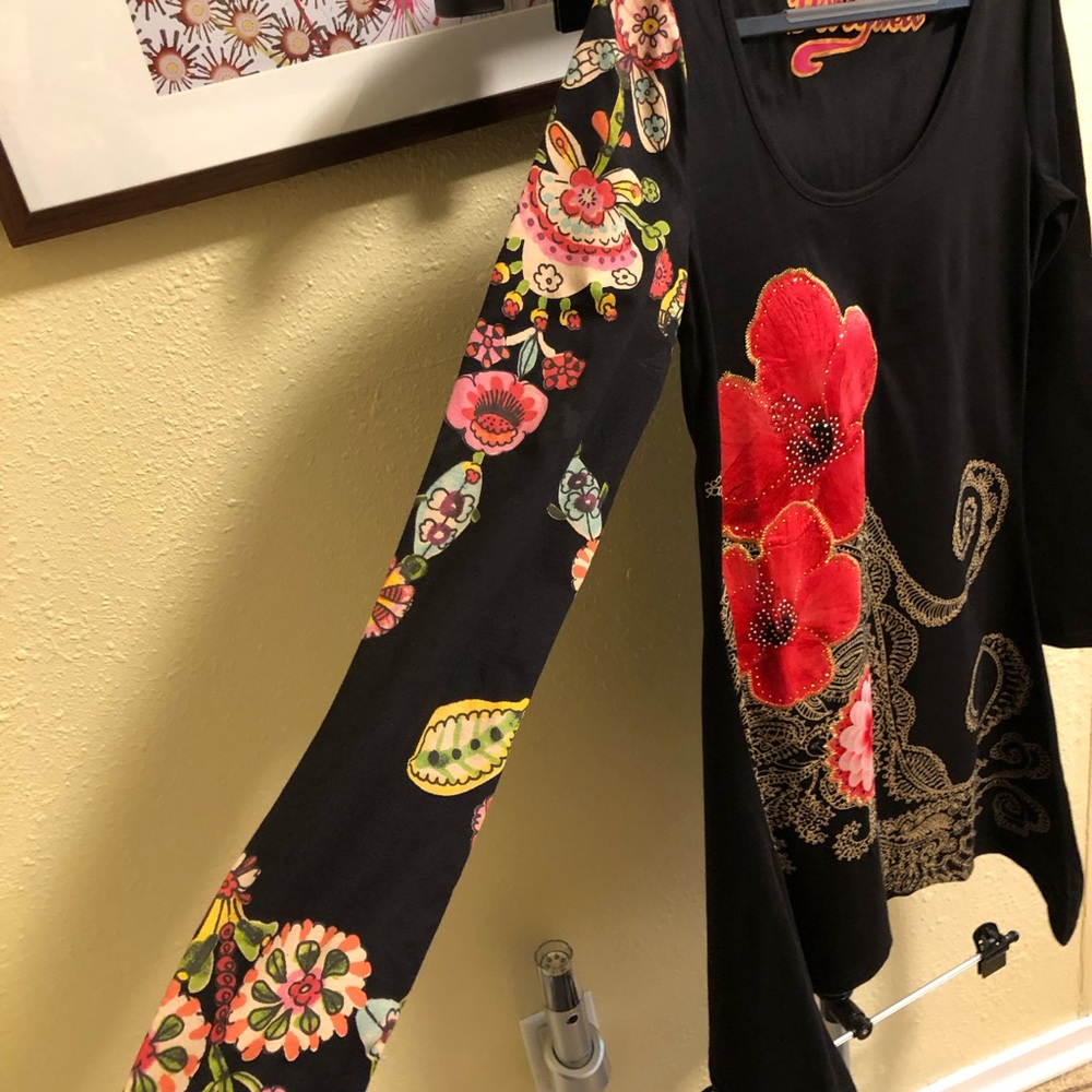 Desigual Dress Black Long Sleeved with Red Satin Applique Flowers Cotton M - Picture 9 of 13
